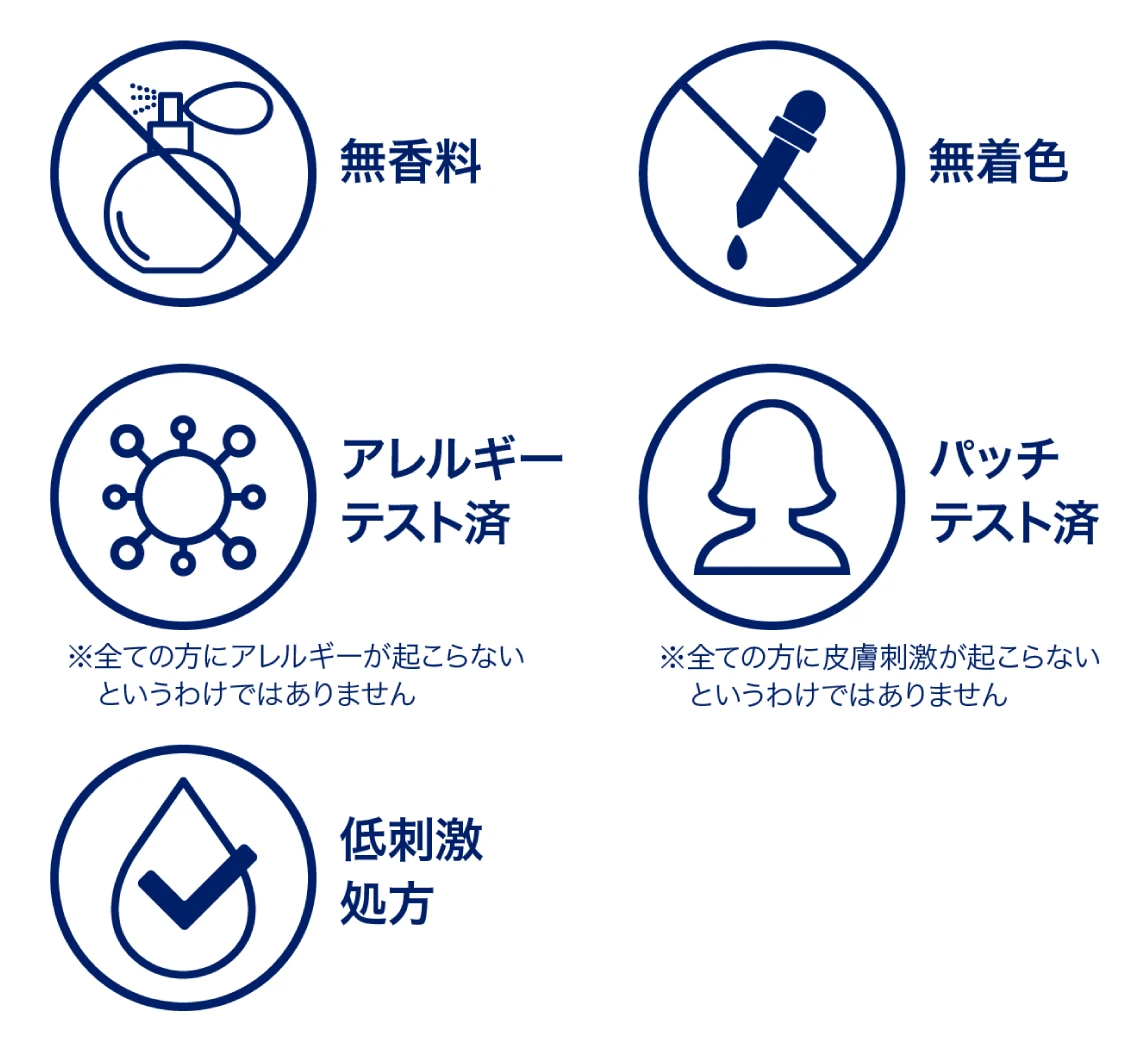 ・無香料・無着色・アレルギーテスト済・パッチテスト済・低刺激処方・赤ちゃんにもご使用いただけます